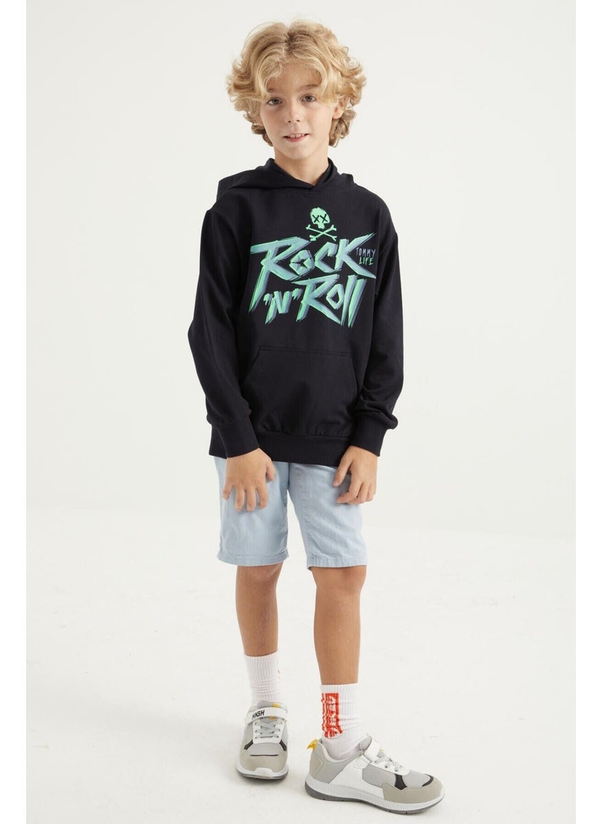 Navy Blue Text Printed Kangaroo Pocket Hooded Standard Size Boy's Sweatshirt - 11002