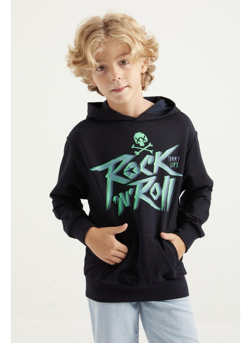 Navy Blue Text Printed Kangaroo Pocket Hooded Standard Size Boy's Sweatshirt - 11002