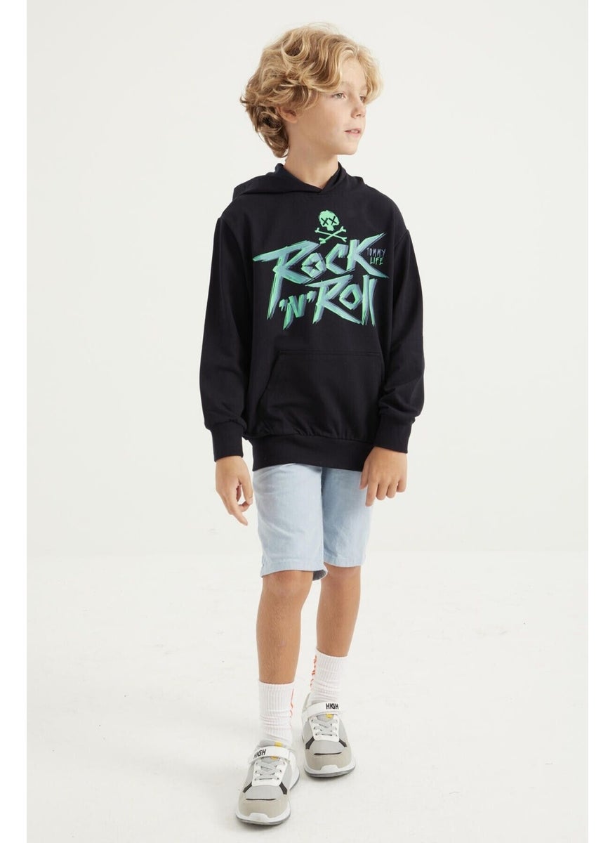 Navy Blue Text Printed Kangaroo Pocket Hooded Standard Size Boy's Sweatshirt - 11002