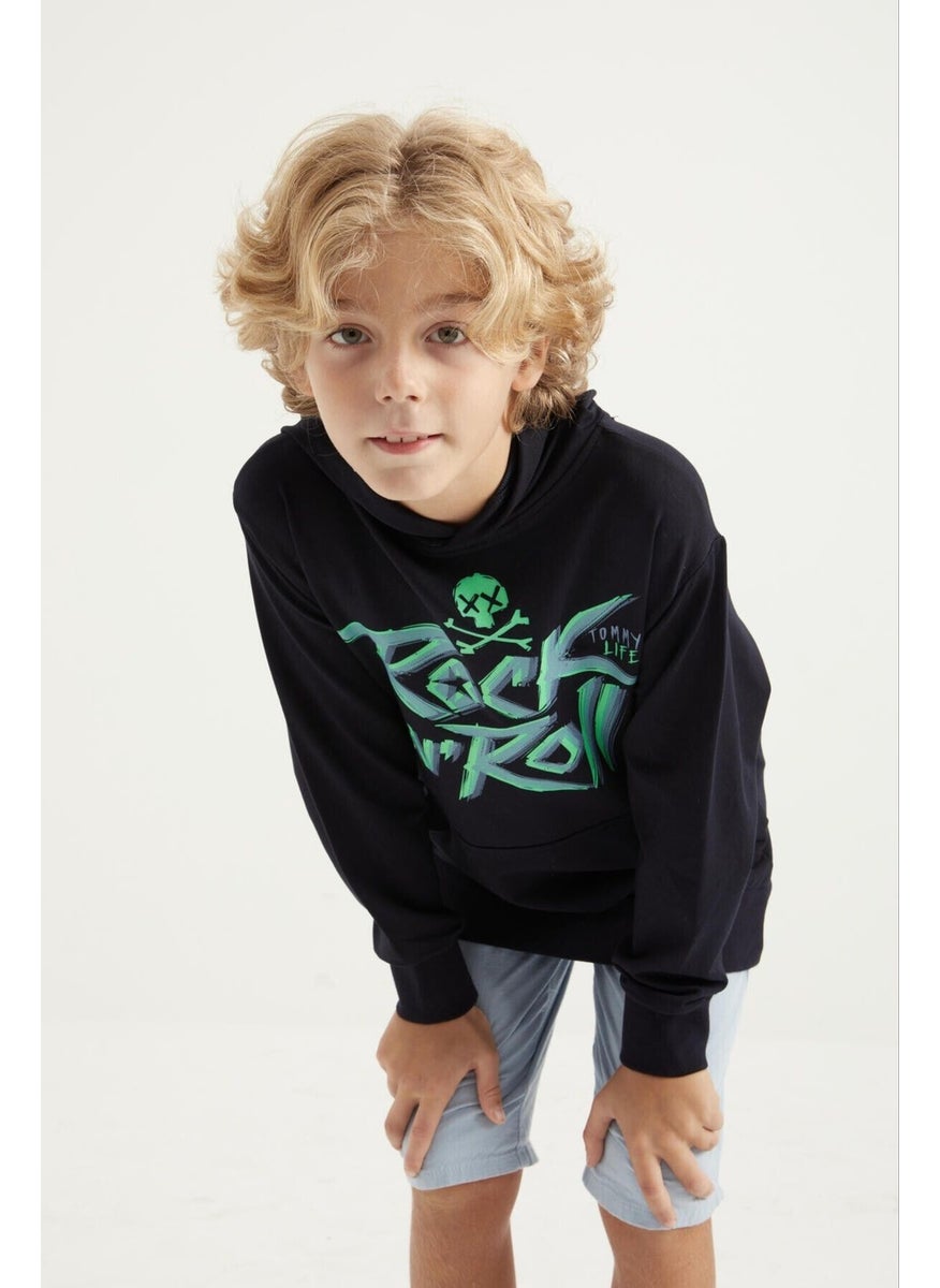 Navy Blue Text Printed Kangaroo Pocket Hooded Standard Size Boy's Sweatshirt - 11002