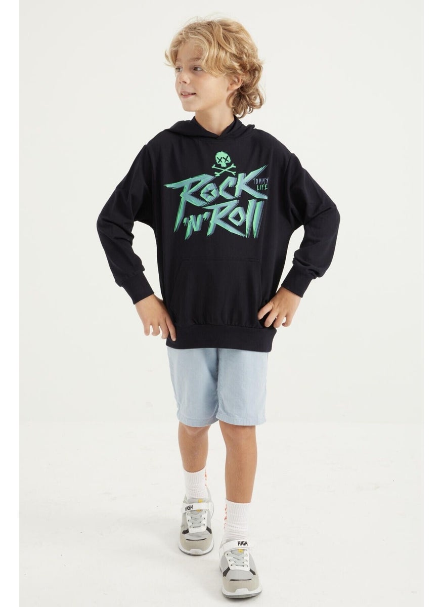 Navy Blue Text Printed Kangaroo Pocket Hooded Standard Size Boy's Sweatshirt - 11002