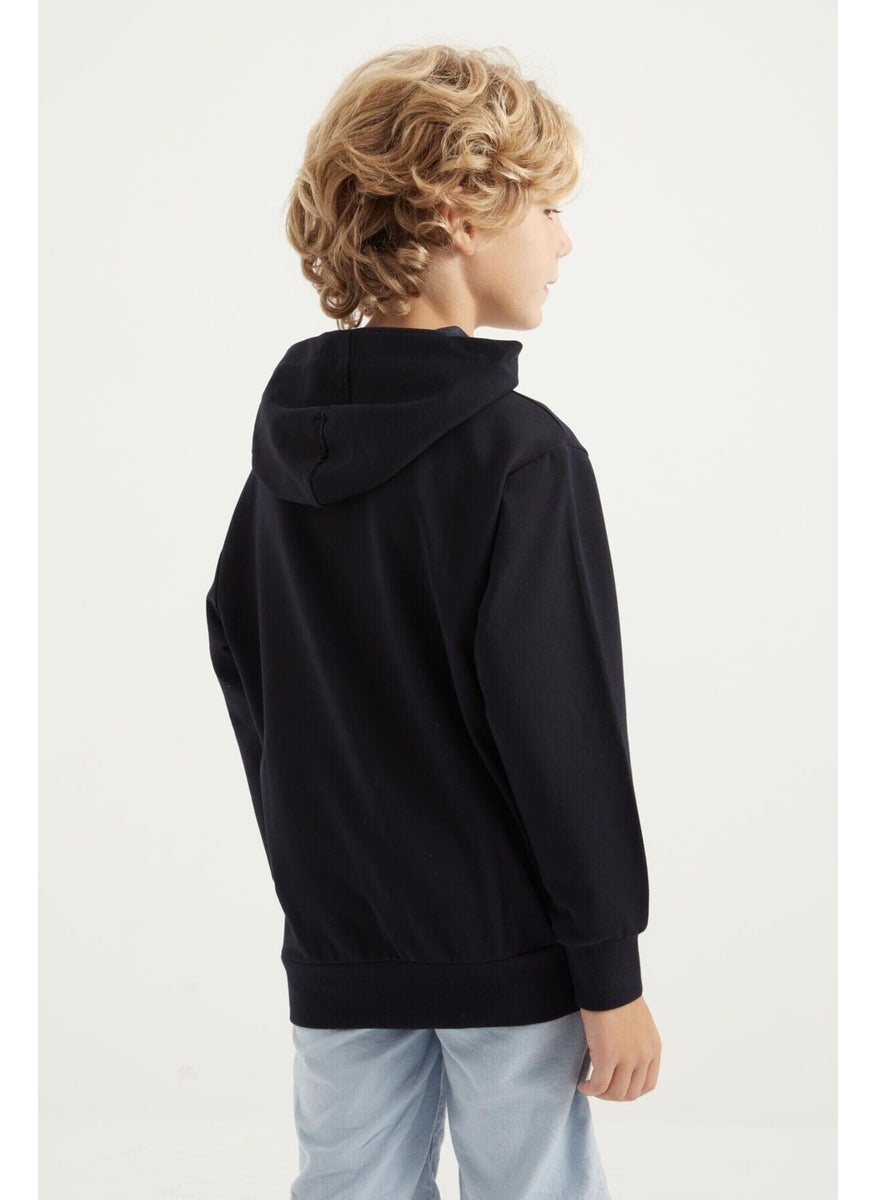 Navy Blue Text Printed Kangaroo Pocket Hooded Standard Size Boy's Sweatshirt - 11002