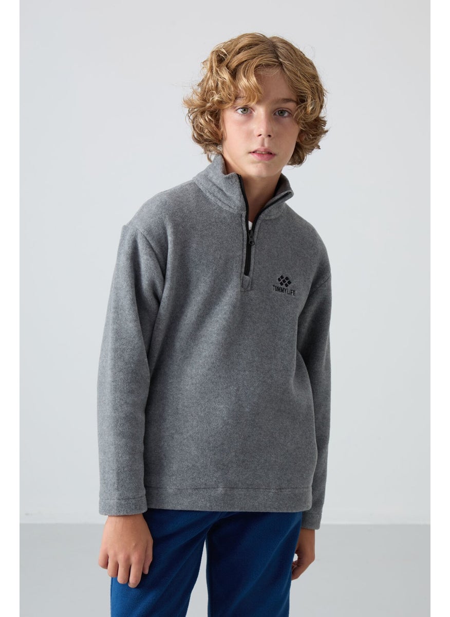 Gray Melange Thick Soft Texture Standard Fit Embroidered Polar Fleece Boy's Sweatshirt - 11221