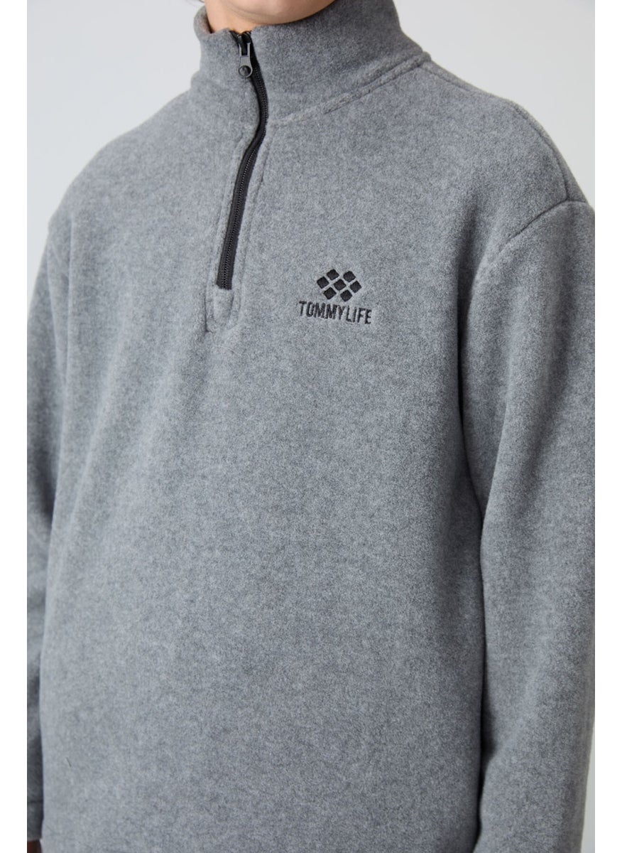 Gray Melange Thick Soft Texture Standard Fit Embroidered Polar Fleece Boy's Sweatshirt - 11221