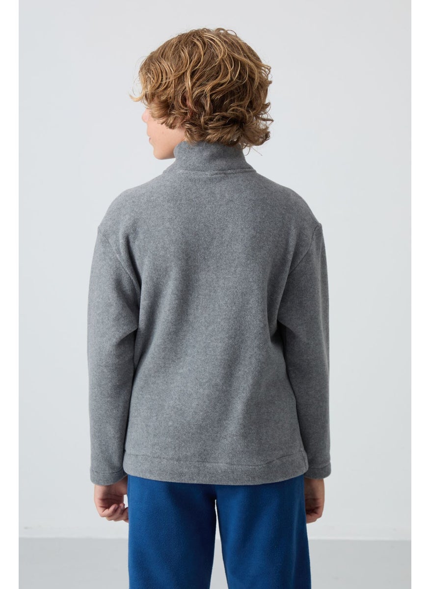 Gray Melange Thick Soft Texture Standard Fit Embroidered Polar Fleece Boy's Sweatshirt - 11221