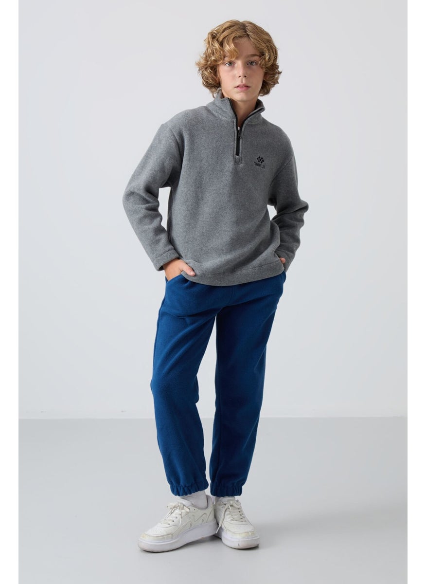 Gray Melange Thick Soft Texture Standard Fit Embroidered Polar Fleece Boy's Sweatshirt - 11221