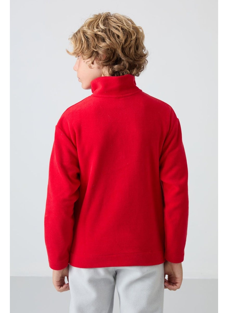 Red Thick Soft Texture Standard Fit Embroidered Polar Fleece Boy's Sweatshirt - 11221