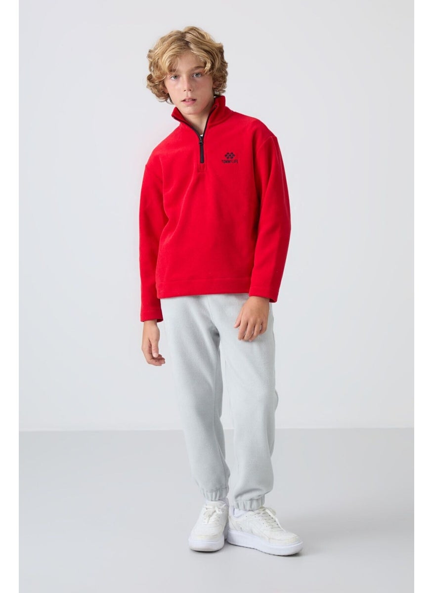 Red Thick Soft Texture Standard Fit Embroidered Polar Fleece Boy's Sweatshirt - 11221