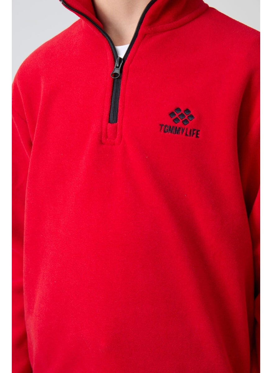Red Thick Soft Texture Standard Fit Embroidered Polar Fleece Boy's Sweatshirt - 11221