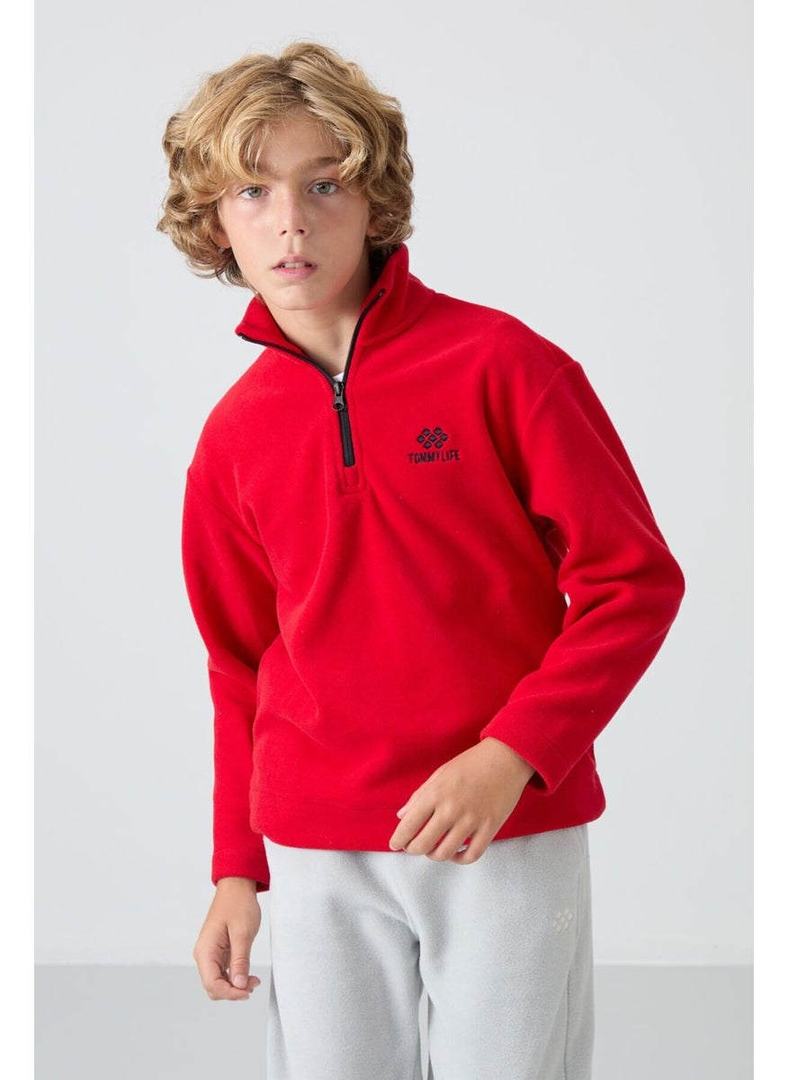Red Thick Soft Texture Standard Fit Embroidered Polar Fleece Boy's Sweatshirt - 11221
