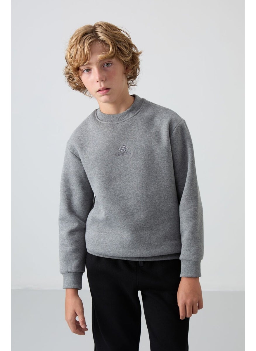 Gray Melange Cotton Thick Fluffy Soft Textured Standard Fit Embroidered Boy's Sweatshirt - 11232