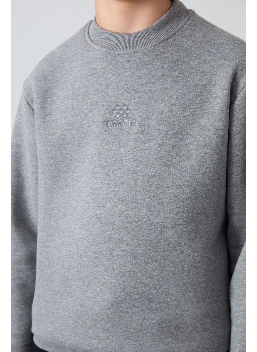 Gray Melange Cotton Thick Fluffy Soft Textured Standard Fit Embroidered Boy's Sweatshirt - 11232