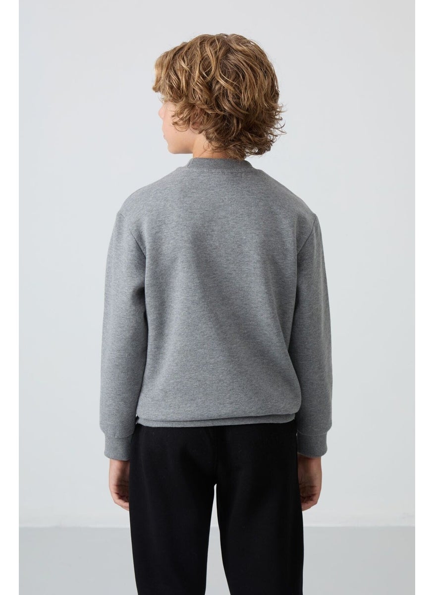 Gray Melange Cotton Thick Fluffy Soft Textured Standard Fit Embroidered Boy's Sweatshirt - 11232