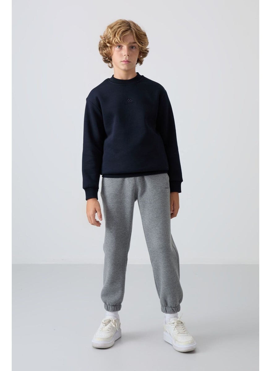 Navy Blue Cotton Thick Fluffy Soft Texture Standard Fit Embroidered Boy's Sweatshirt - 11232