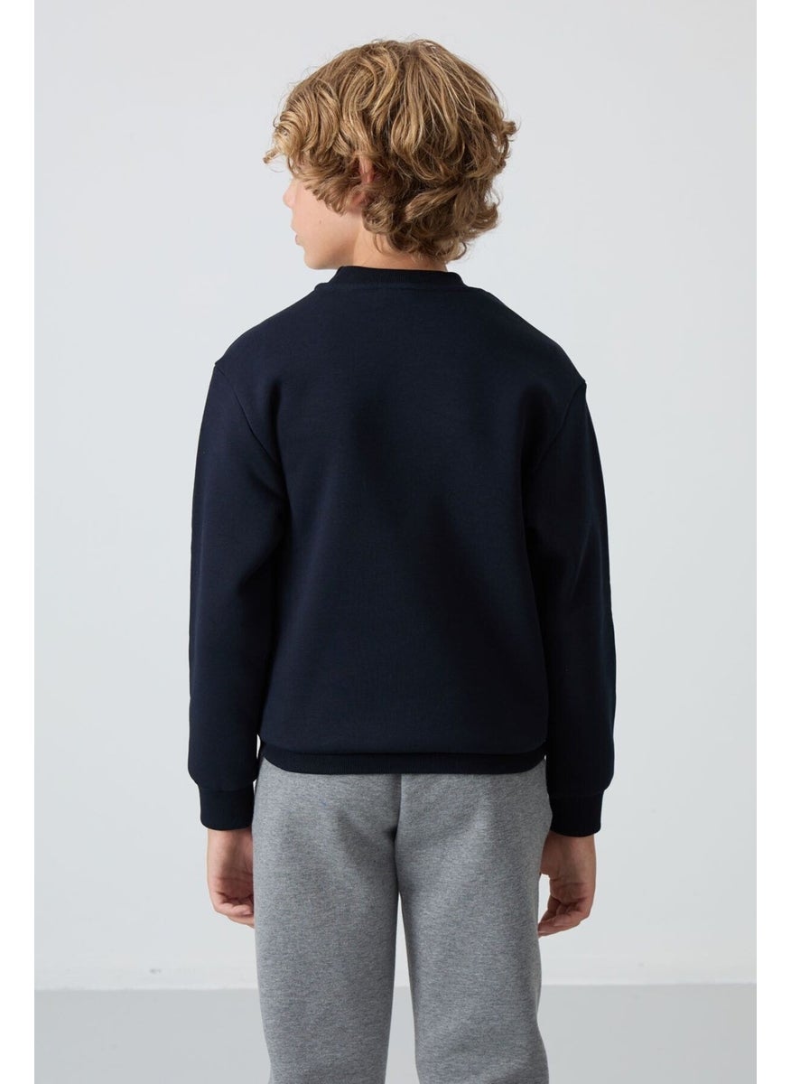 Navy Blue Cotton Thick Fluffy Soft Texture Standard Fit Embroidered Boy's Sweatshirt - 11232