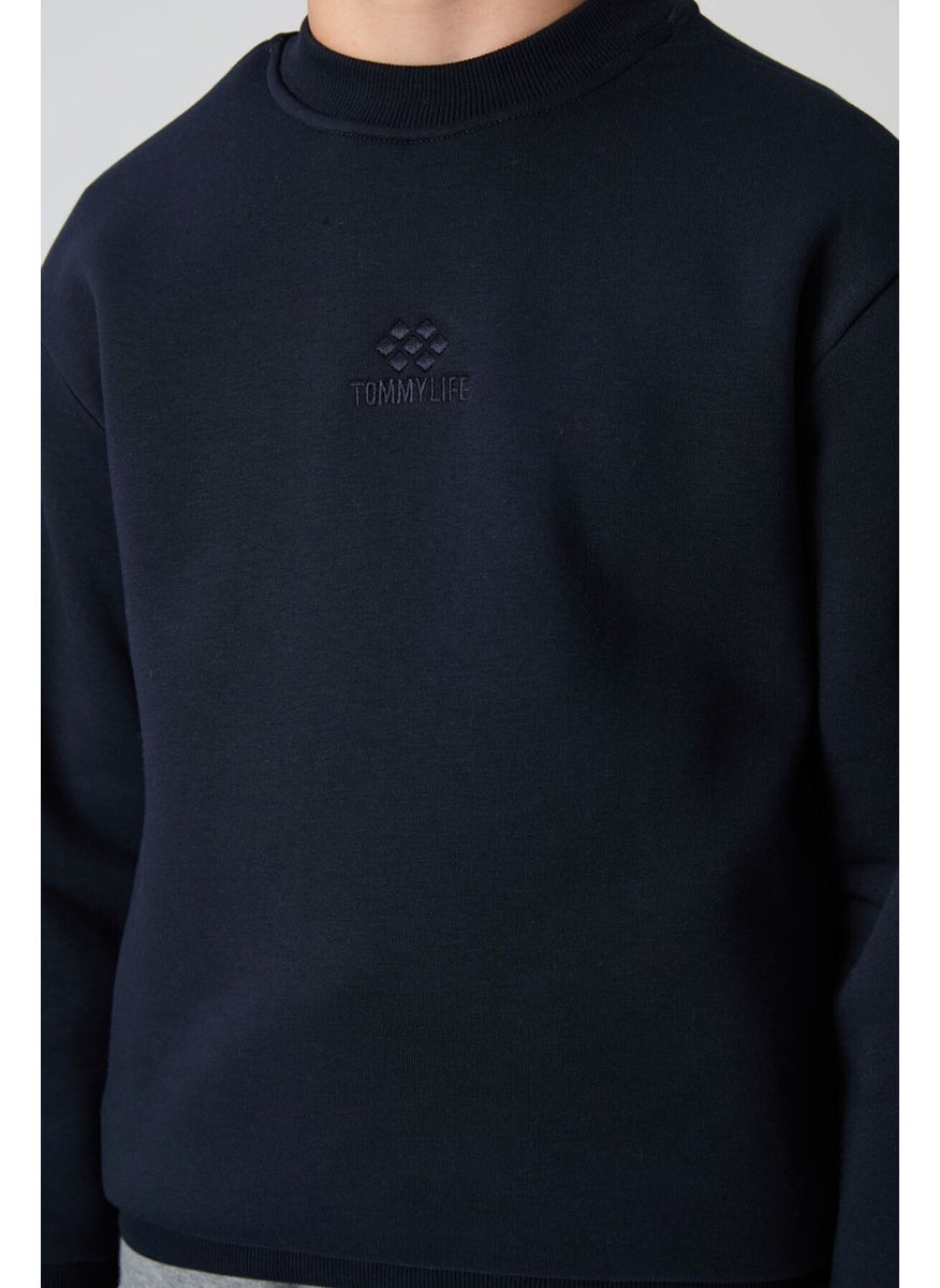 Navy Blue Cotton Thick Fluffy Soft Texture Standard Fit Embroidered Boy's Sweatshirt - 11232