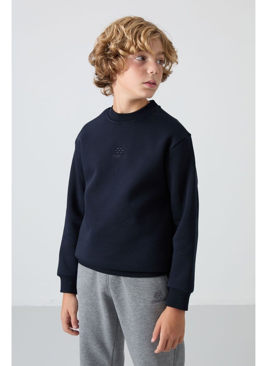 Navy Blue Cotton Thick Fluffy Soft Texture Standard Fit Embroidered Boy's Sweatshirt - 11232