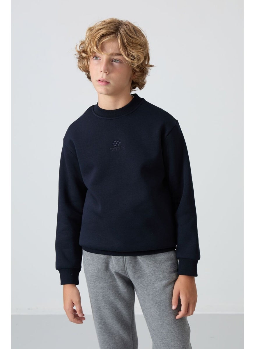 Navy Blue Cotton Thick Fluffy Soft Texture Standard Fit Embroidered Boy's Sweatshirt - 11232