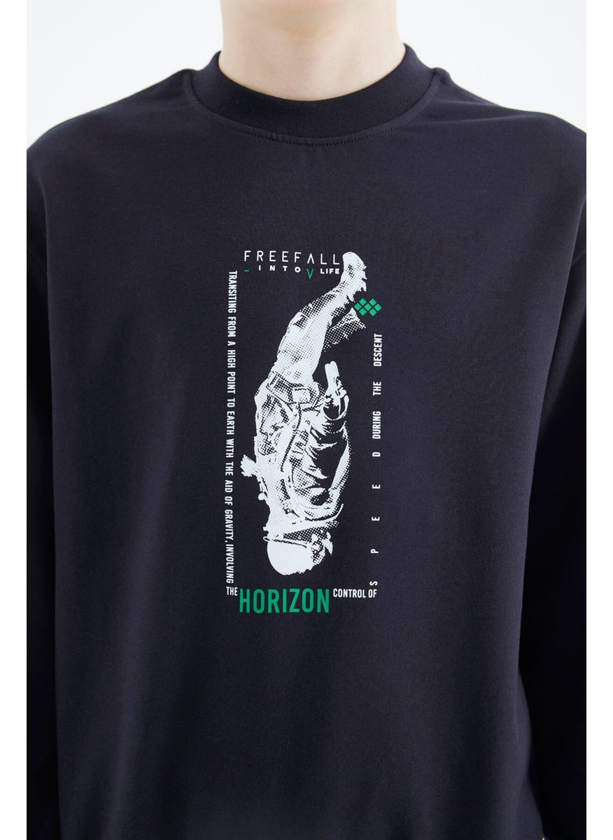 Navy Blue Printed Boy Sweatshirt - 11174