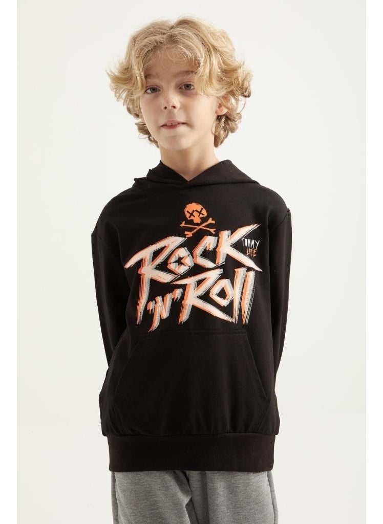 Black Print Detailed Standard Pattern Hooded Boy's Sweatshirt