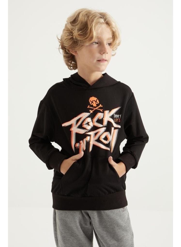 Black Print Detailed Standard Pattern Hooded Boy's Sweatshirt