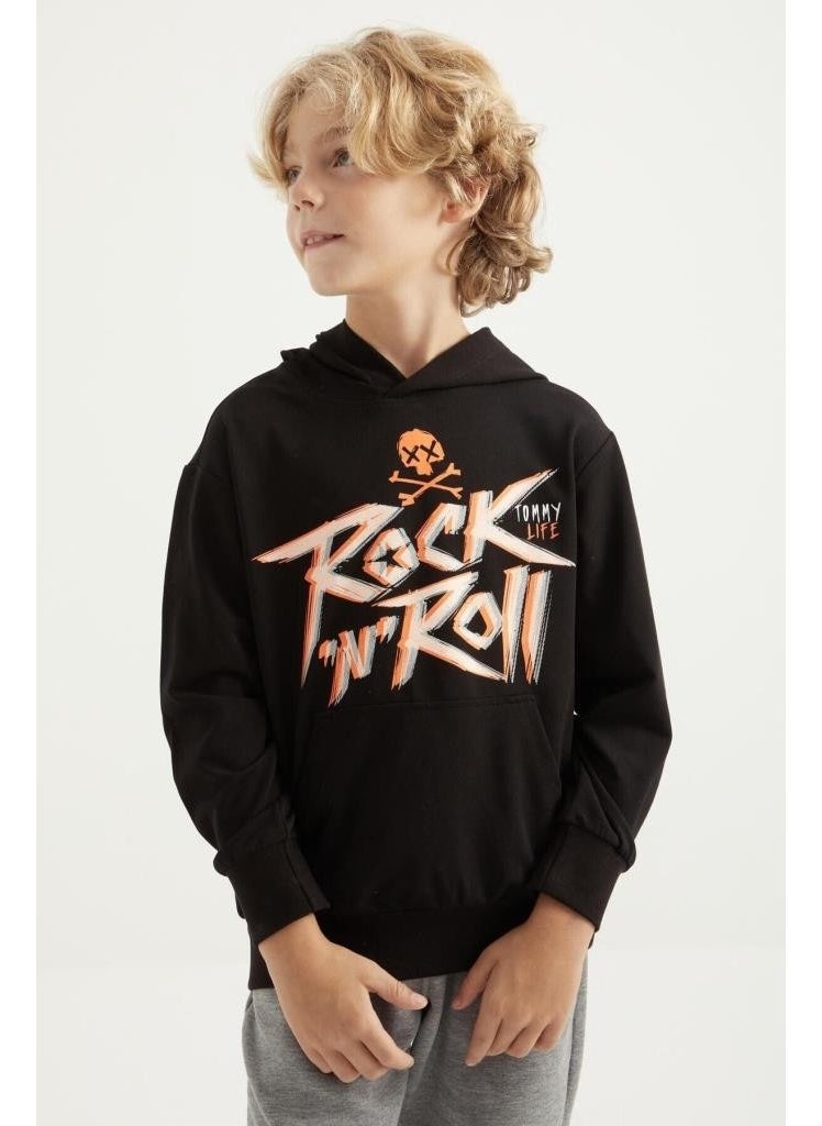 Black Print Detailed Standard Pattern Hooded Boy's Sweatshirt