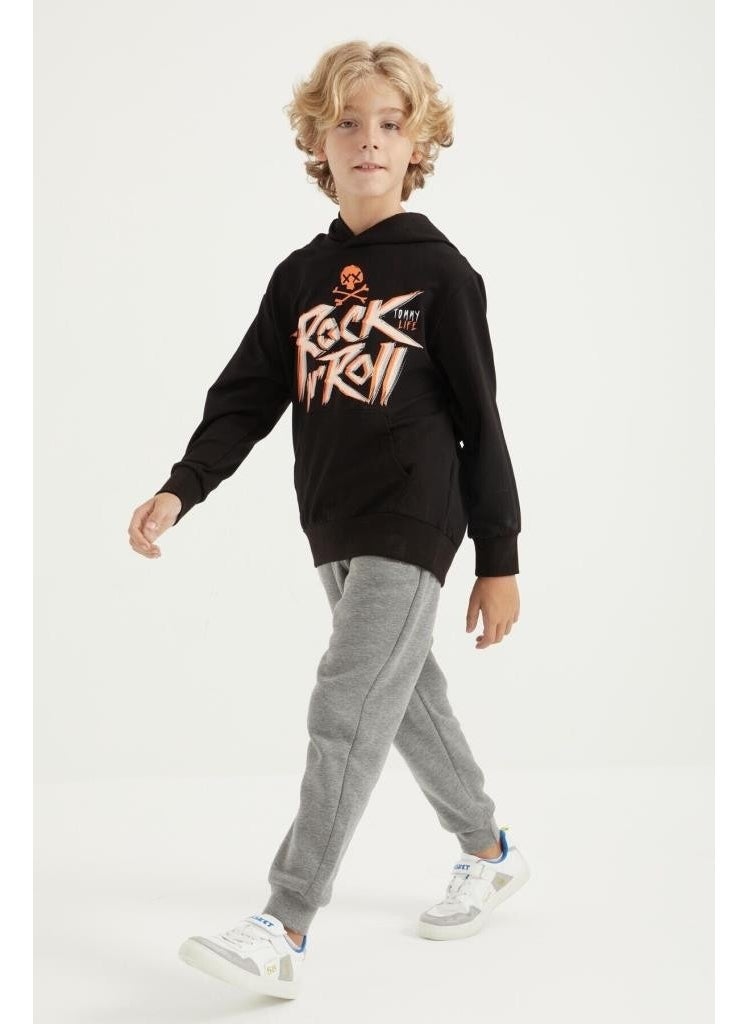 Black Print Detailed Standard Pattern Hooded Boy's Sweatshirt