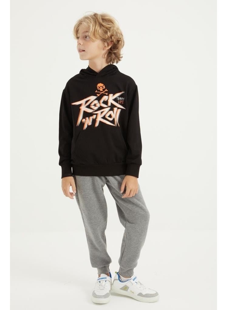 Black Print Detailed Standard Pattern Hooded Boy's Sweatshirt
