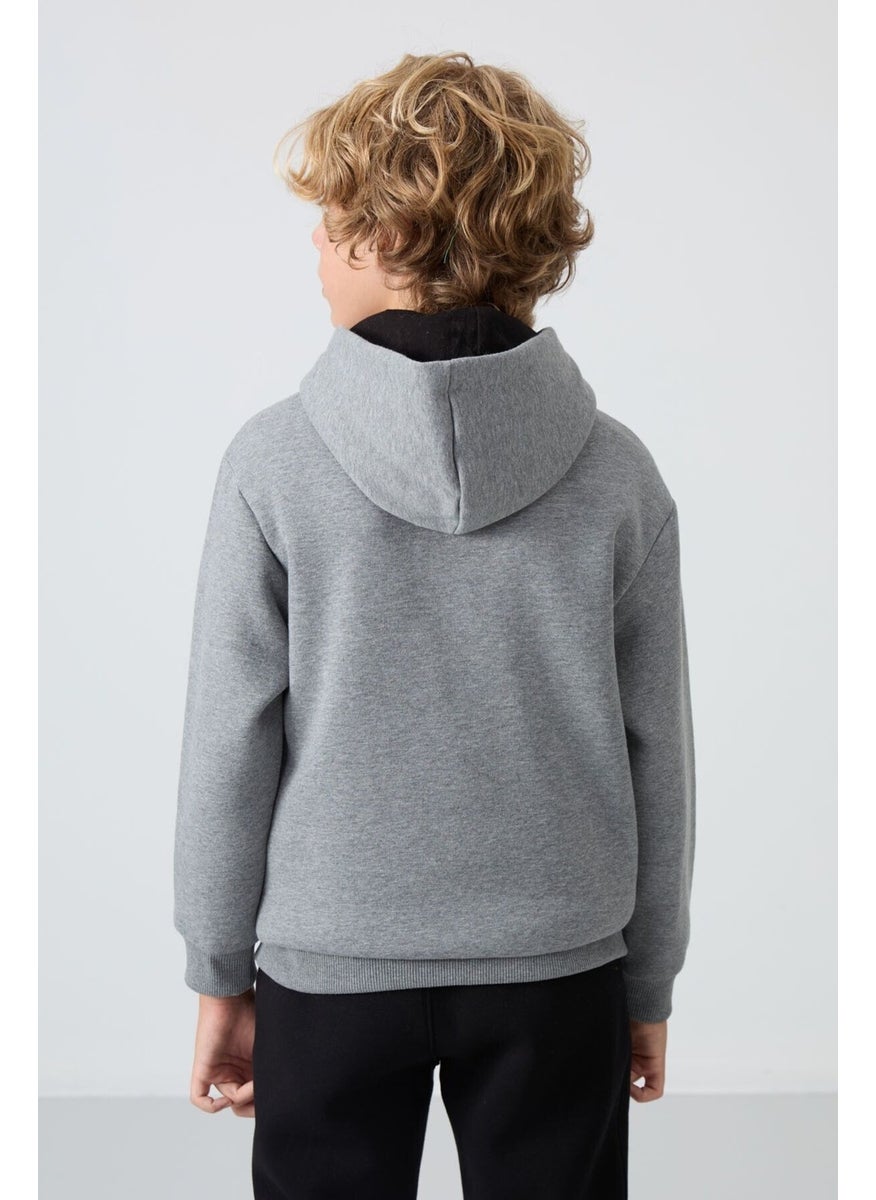 Gray Melange Cotton Thick Fluffy Soft Textured Standard Fit Printed Boy's Sweatshirt - 11239