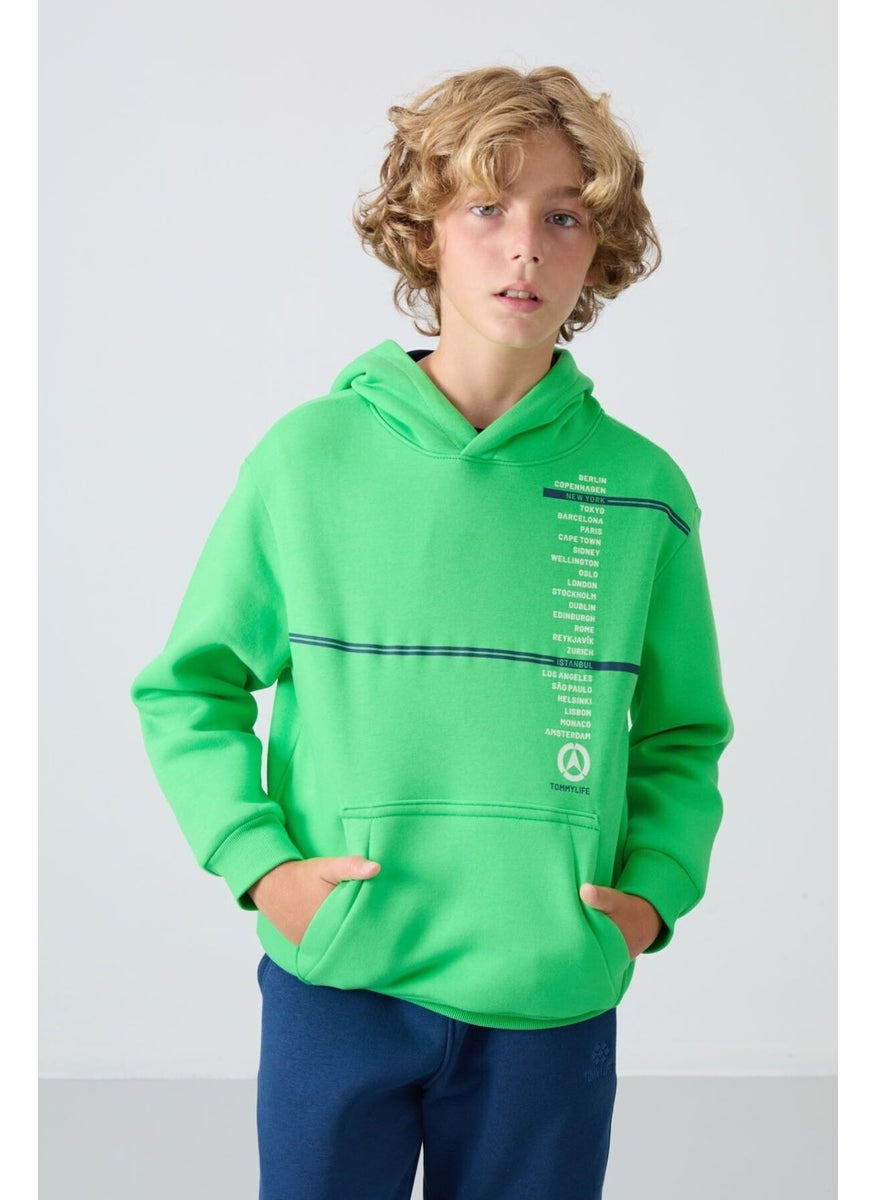 Neon Green Cotton Thick Fluffy Soft Textured Standard Fit Printed Boy's Sweatshirt - 11239