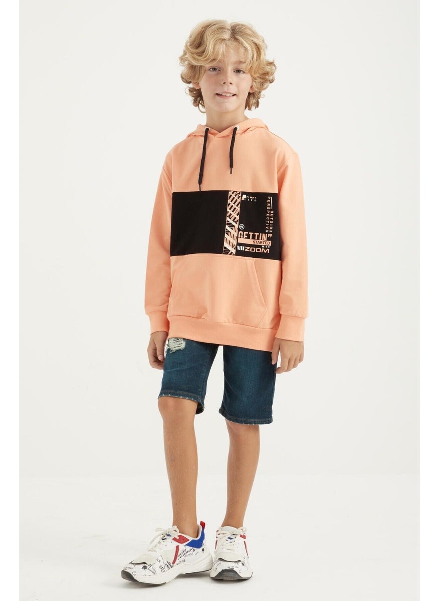 Melon Embroidered Kangaroo Pocket Hooded Standard Size Boy's Sweatshirt - 11010