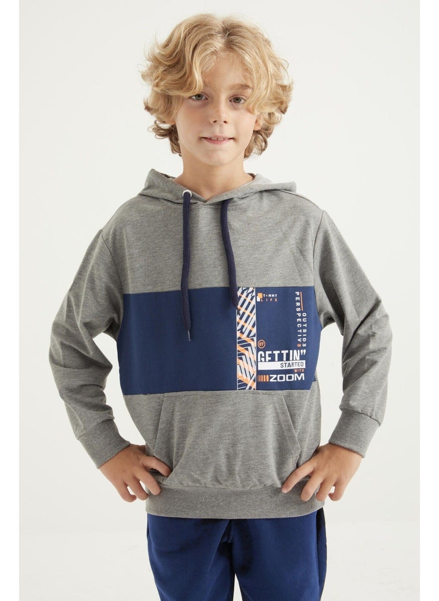 Grey Melange Embroidered Kangaroo Pocket Hooded Standard Size Boy's Sweatshirt - 11010