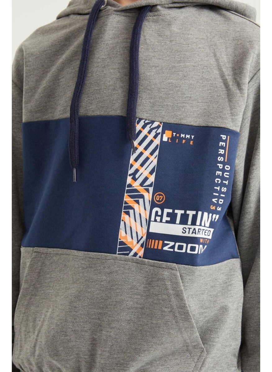Grey Melange Embroidered Kangaroo Pocket Hooded Standard Size Boy's Sweatshirt - 11010