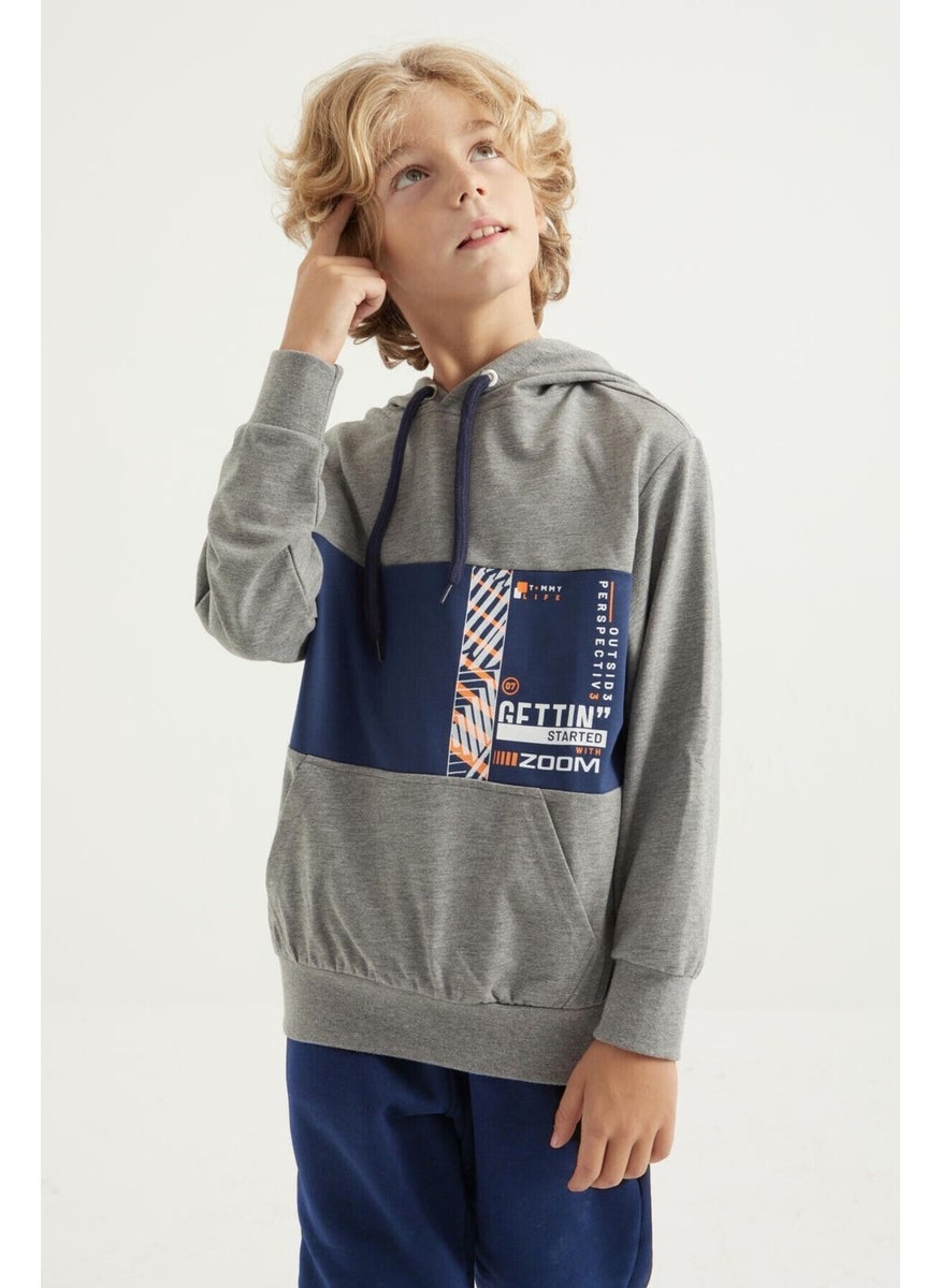 Grey Melange Embroidered Kangaroo Pocket Hooded Standard Size Boy's Sweatshirt - 11010