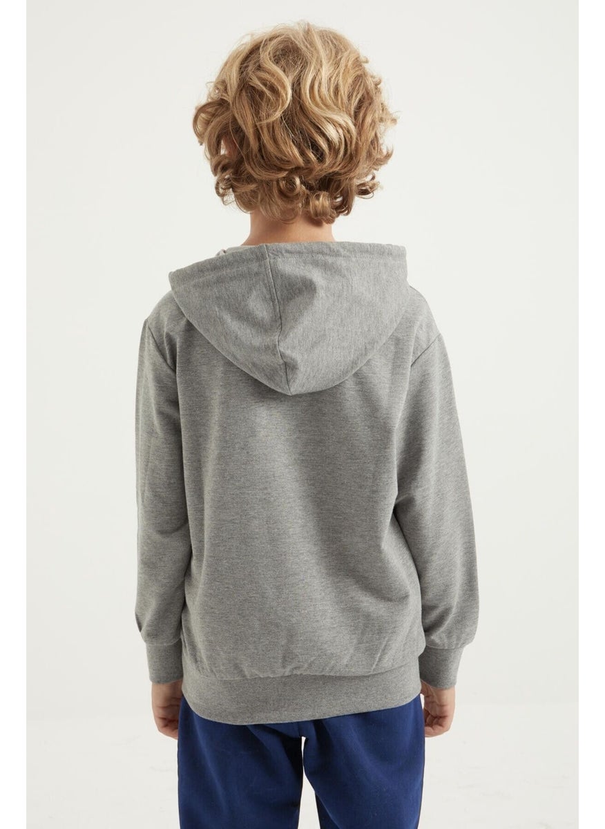 Grey Melange Embroidered Kangaroo Pocket Hooded Standard Size Boy's Sweatshirt - 11010