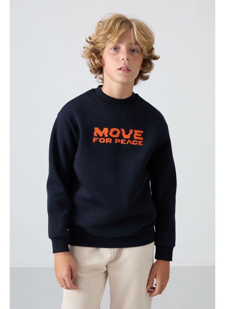 Navy Blue Cotton Thick Fluffy Soft Textured Standard Fit Printed Boy's Sweatshirt - 11216