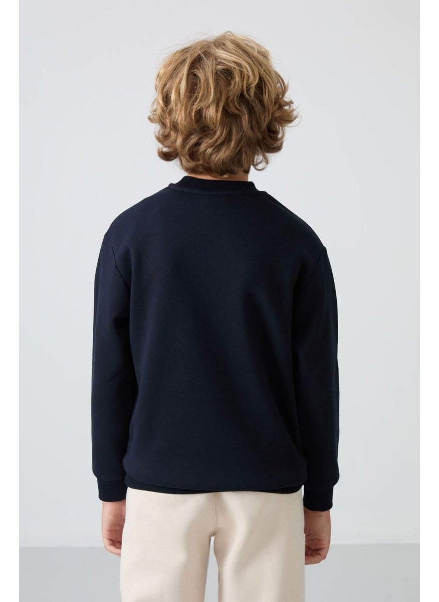 Navy Blue Cotton Thick Fluffy Soft Textured Standard Fit Printed Boy's Sweatshirt - 11216