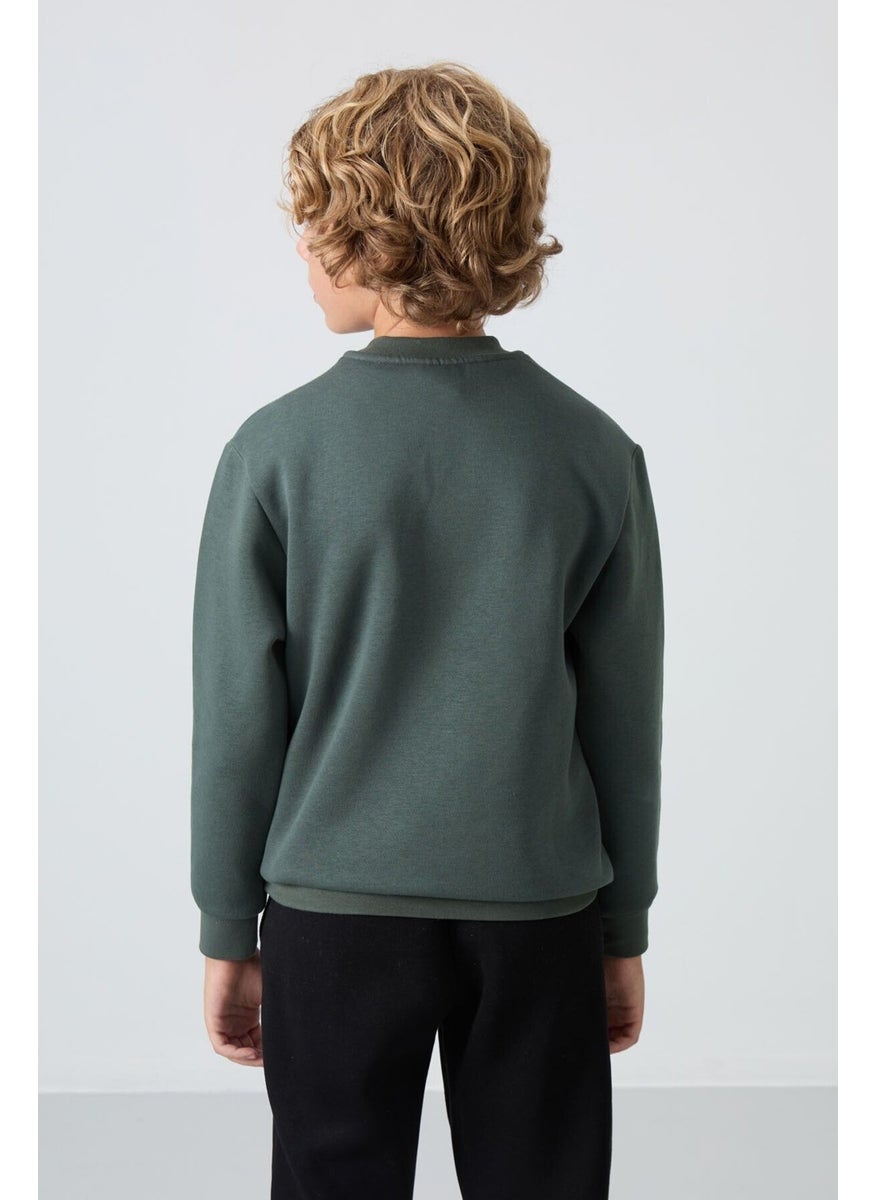 Khaki Cotton Thick Fluffy Soft Textured Standard Fit Printed Boy's Sweatshirt - 11216