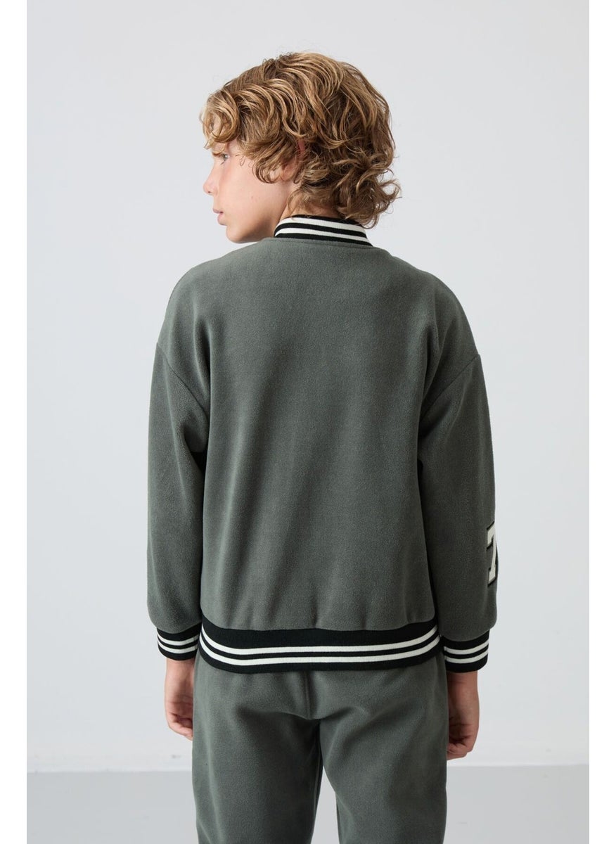 Khaki Thick Soft Texture Standard Fit Embroidered Fleece Boys College Jacket - 11227