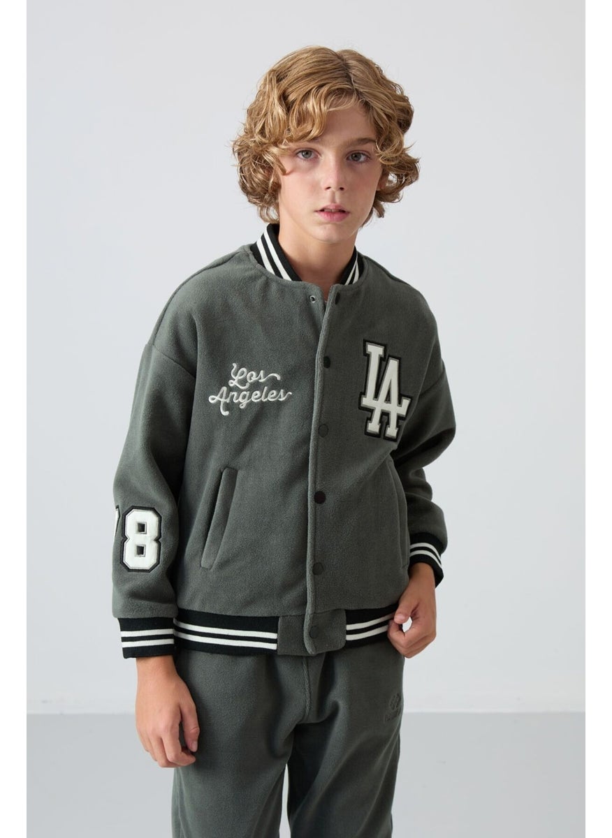 Khaki Thick Soft Texture Standard Fit Embroidered Fleece Boys College Jacket - 11227