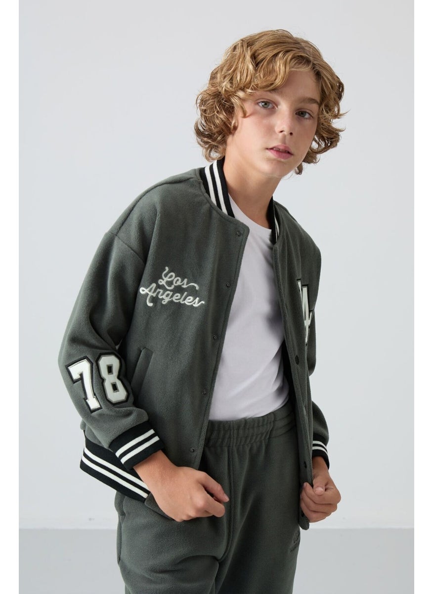 Khaki Thick Soft Texture Standard Fit Embroidered Fleece Boys College Jacket - 11227