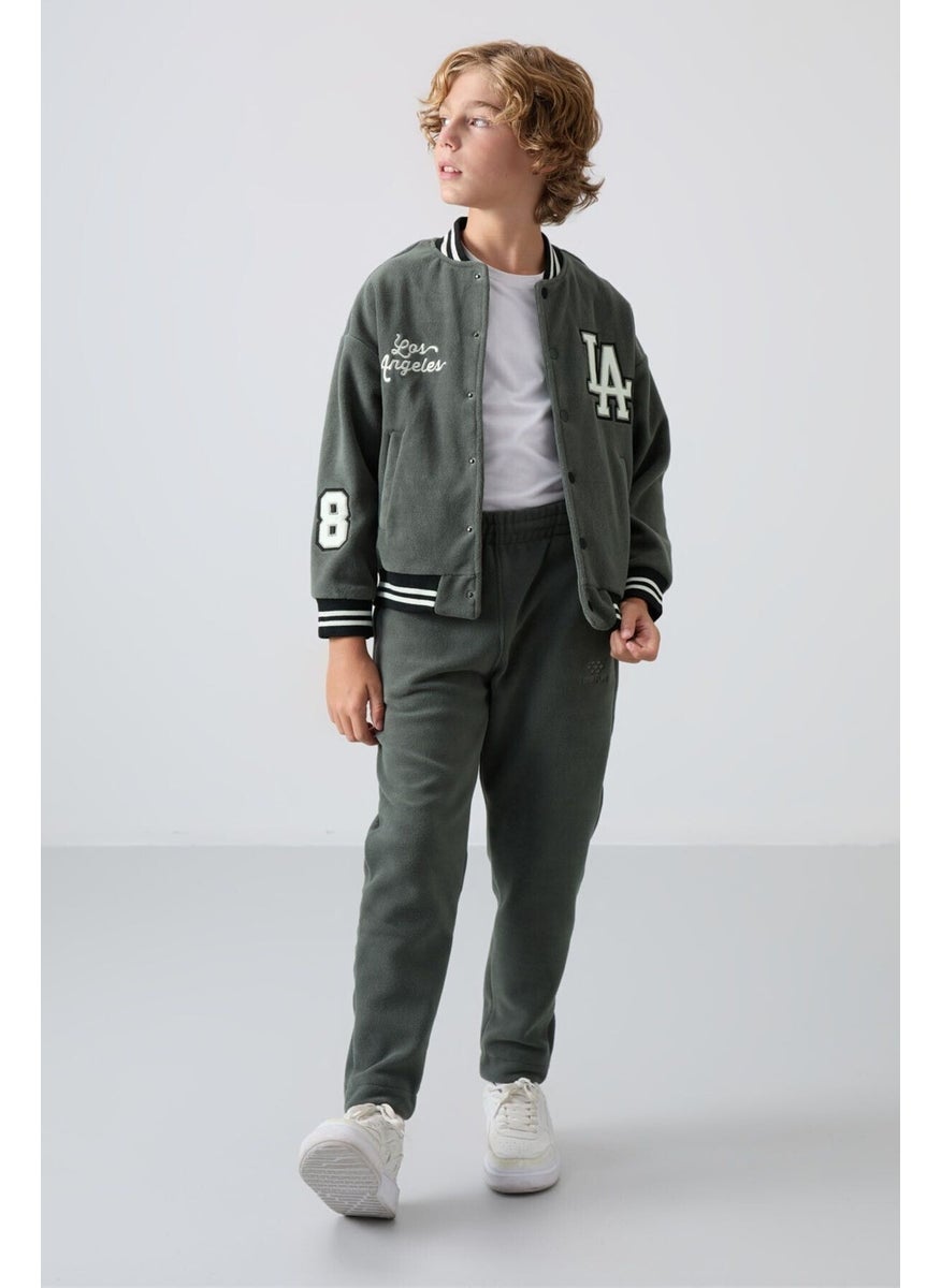 Khaki Thick Soft Texture Standard Fit Embroidered Fleece Boys College Jacket - 11227