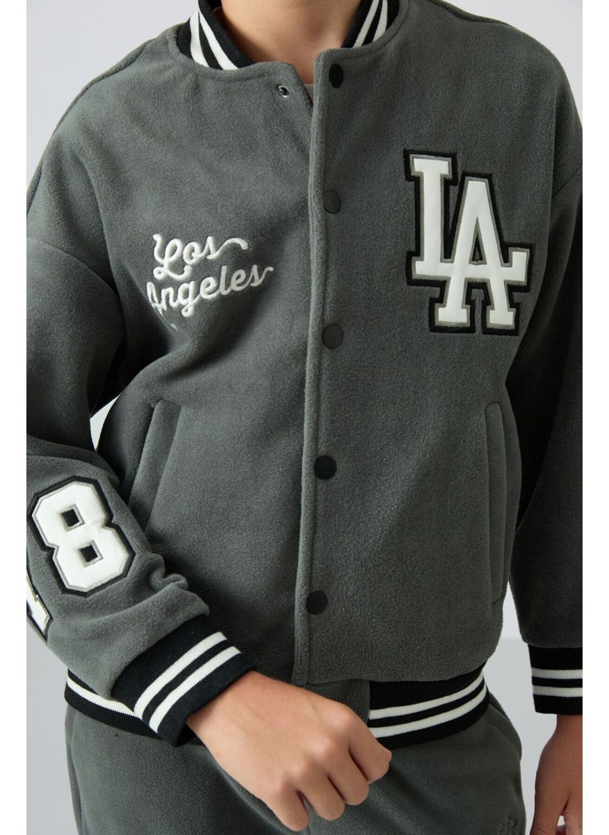 Khaki Thick Soft Texture Standard Fit Embroidered Fleece Boys College Jacket - 11227