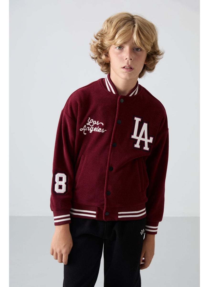 Purple Thick Soft Texture Standard Fit Embroidered Fleece Boys College Jacket - 11227