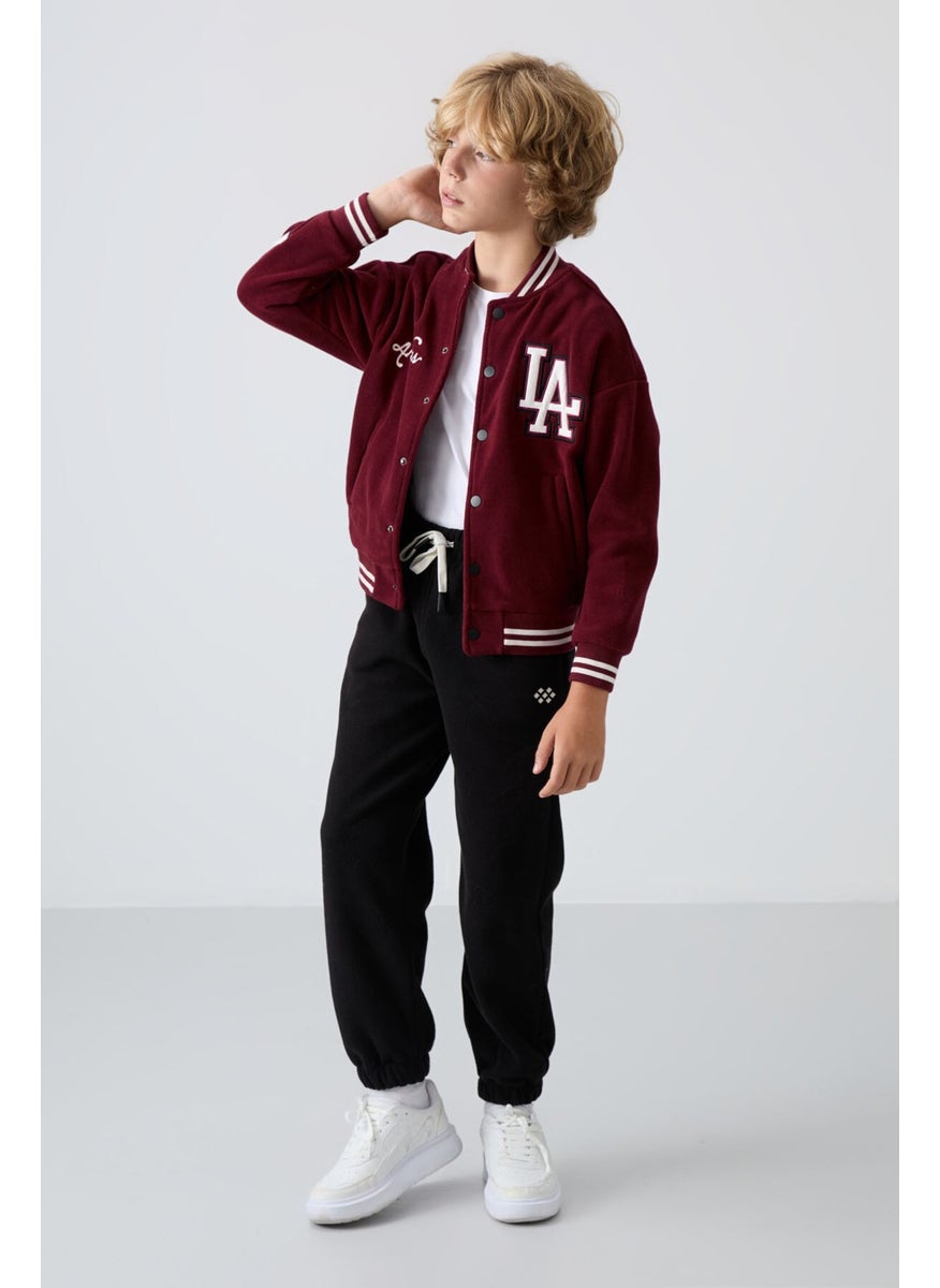 Purple Thick Soft Texture Standard Fit Embroidered Fleece Boys College Jacket - 11227