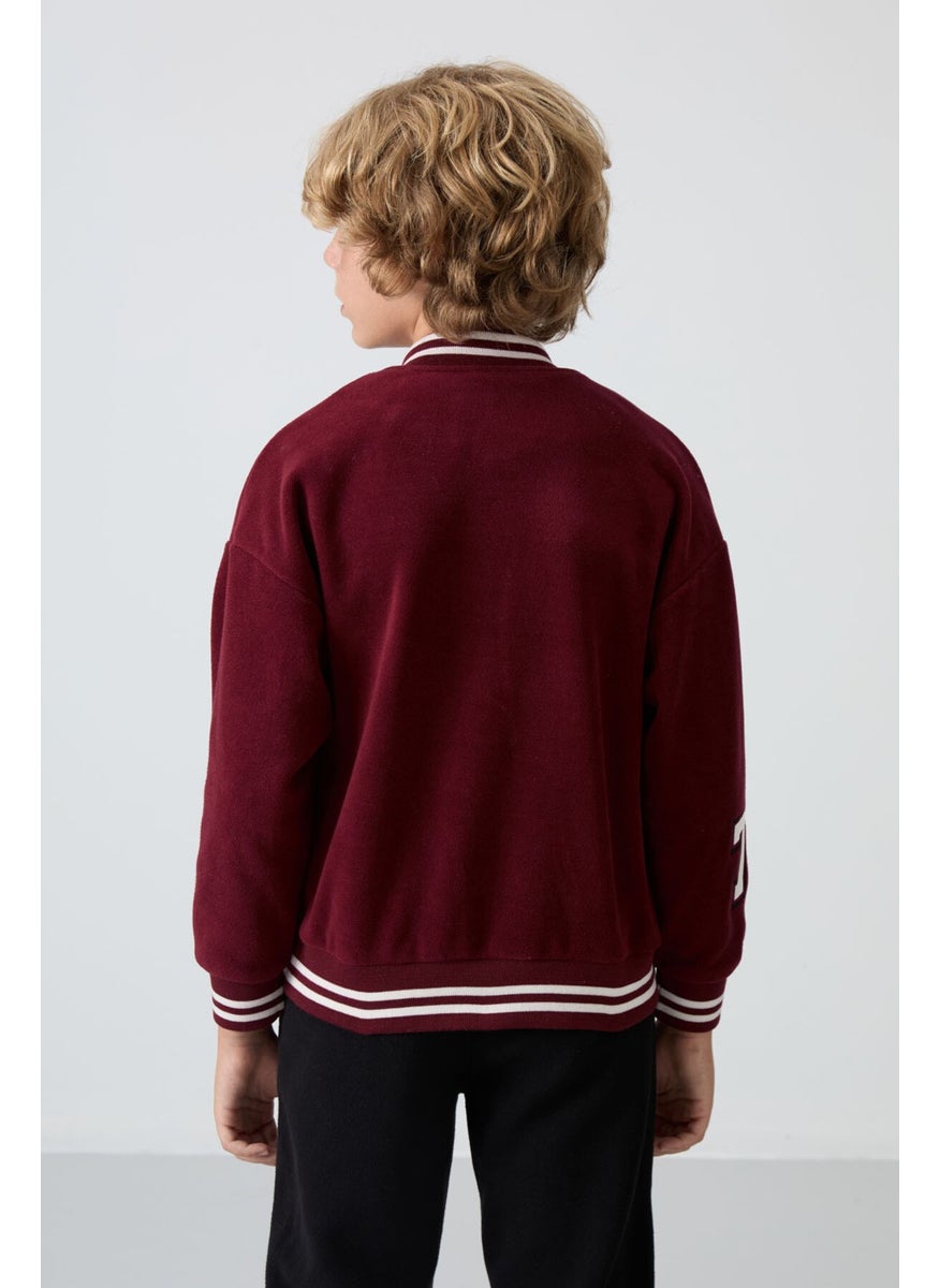 Purple Thick Soft Texture Standard Fit Embroidered Fleece Boys College Jacket - 11227