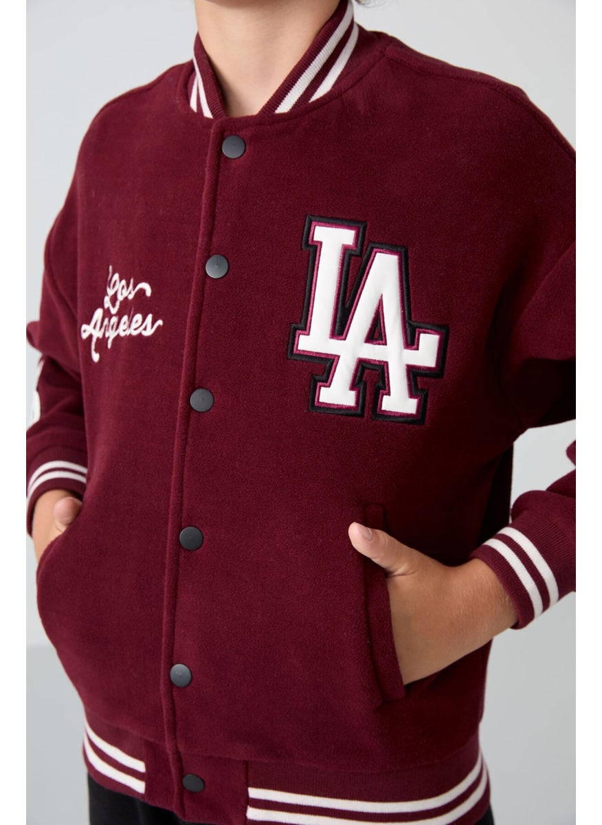 Purple Thick Soft Texture Standard Fit Embroidered Fleece Boys College Jacket - 11227