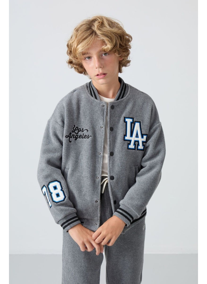 Gray Melange Thick Soft Texture Standard Fit Embroidered Fleece Boys College Jacket - 11227