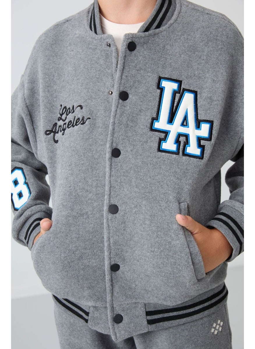 Gray Melange Thick Soft Texture Standard Fit Embroidered Fleece Boys College Jacket - 11227