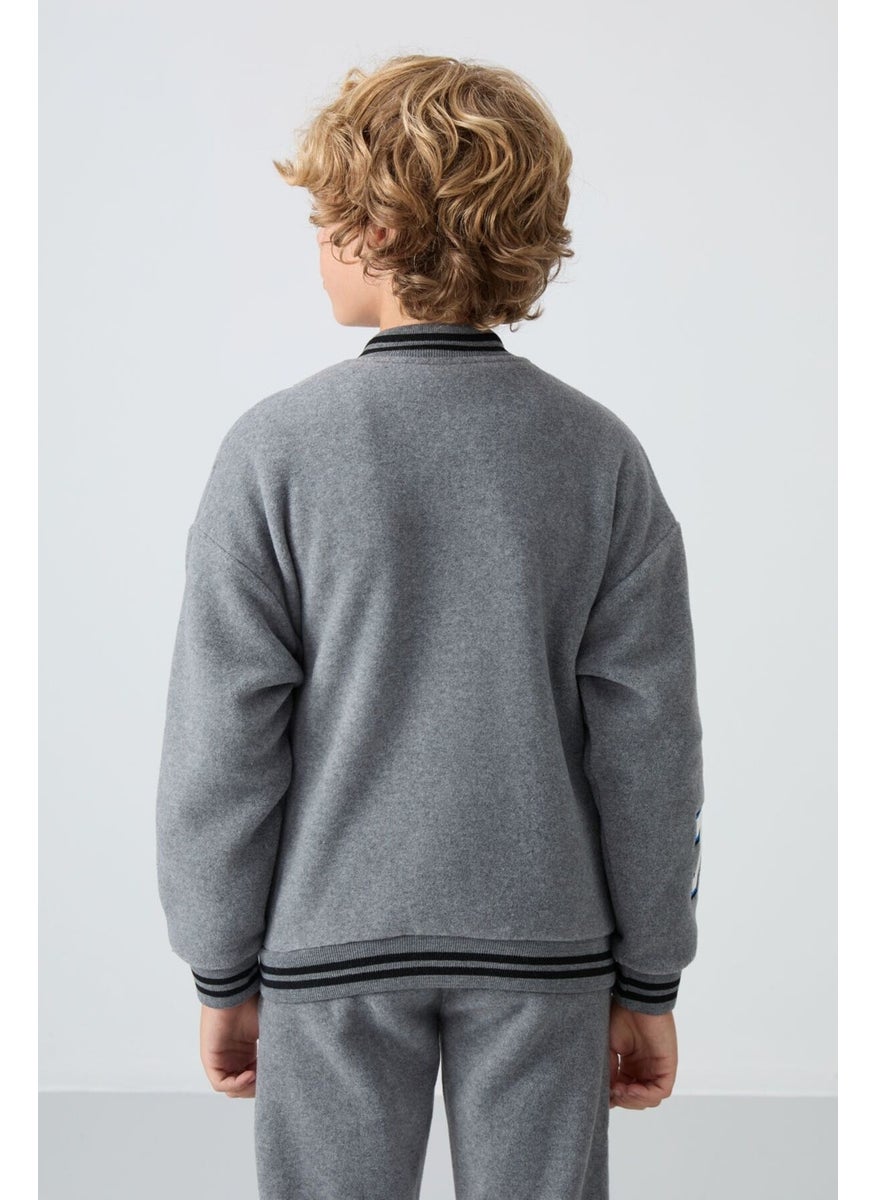 Gray Melange Thick Soft Texture Standard Fit Embroidered Fleece Boys College Jacket - 11227